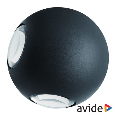 Luminária de parede preta esférica com aberturas de luz e logotipo avide