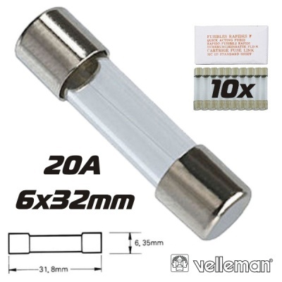 Fusível rápido de vidro 20A 6x32mm com embalagem e desenho técnico
