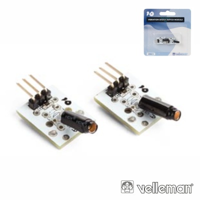 Módulo Vibration Shock Switch da Velleman com três pinos e corpo preto em placa branca, embalagem azul e branco