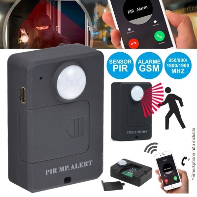 Dispositivo de alarme PIR preto com sensor branco, detalhes de frequência GSM e smartphone