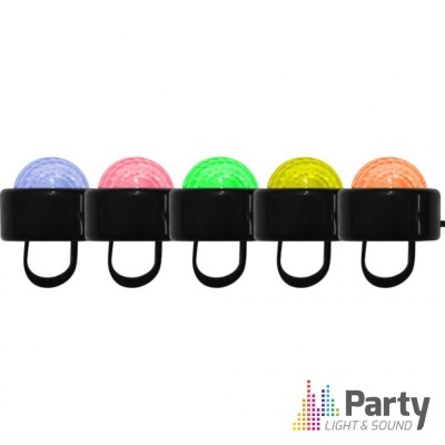 Cinco luzes LED coloridas montadas num suporte preto com ganchos