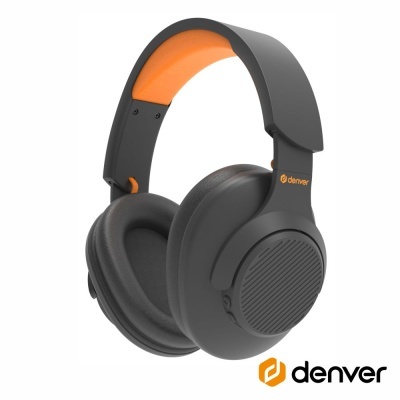 Headphones pretos com interior laranja e logótipo Denver