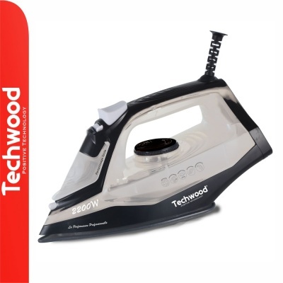 ferro de engomar Techwood branco e preto com botão cinzento e visor redondo