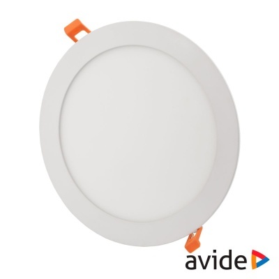 Luz LED embutida redonda branca com ganchos laranja e logotipo avide