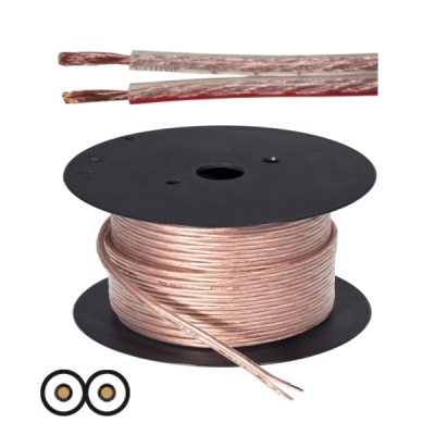 Rolo de cabo elétrico transparente com fios de cobre enrolado em carretel preto.