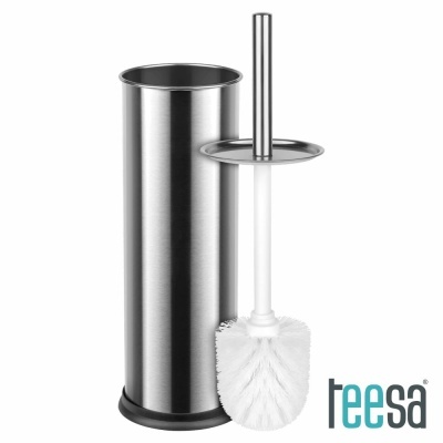 Escova de casa de banho em metal prateado com suporte e escova branca com cabo prateado