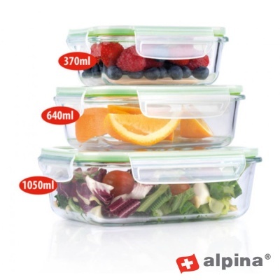 Conjunto de três caixas herméticas de vidro com capacidade 370ml, 640ml e 1050ml com tampas verdes, contendo frutas e salada