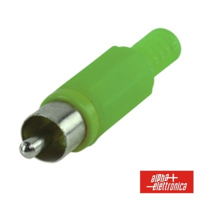 Conector RCA verde com ponta metálica em fundo branco e logótipo alfa elettronica