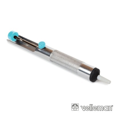 Extrator de componentes eletrónicos metálico com botão azul e ponta branca com logo Velleman