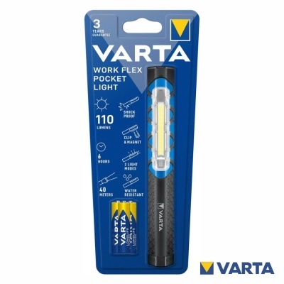 Lanterna de bolso Varta Work Flex Pocket Light e pilhas em embalagem azul
