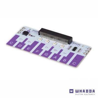 Placa eletrónica com teclado de piano virtual lilás e branco com notas musicais