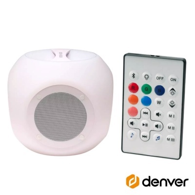 Coluna portátil branca com controlo remoto colorido