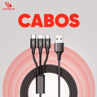 Cabo preto trançado com quatro conectores USB, fundo cinzento e vermelho