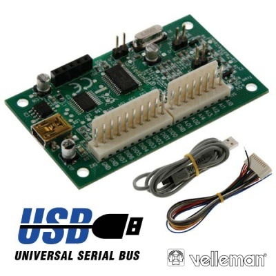 Placa eletrónica verde com componentes, duas fichas brancas, porta USB e dois cabos, com texto USB UNIVERSAL SERIAL BUS e logotipo velleman