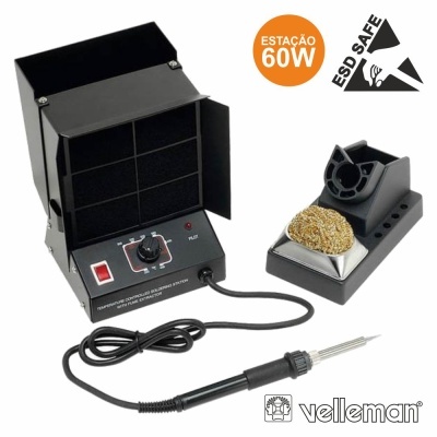 Estação de solda elétrica preta com ferro de soldar, suporte e esponja, texto ESTAÇÃO 60W e ESDSAFE, marca Velleman