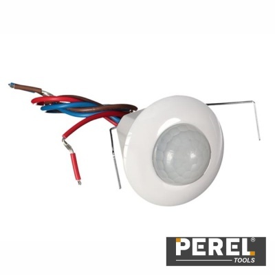 Sensor de movimento branco com cabos coloridos e suporte metálico