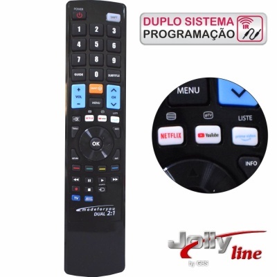 Comando TV preto com botões coloridos e botões dedicados para Netflix, YouTube, Amazon Prime Video