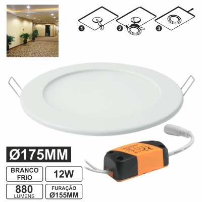 Painel LED redondo branco com driver, instruções de instalação e sala ao fundo