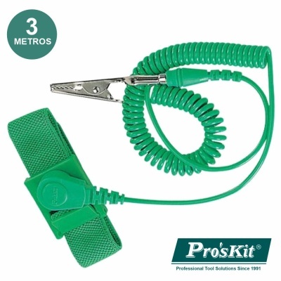 Pulseira antiestática verde com clip metálico e mola espiralada da Pro'sKit