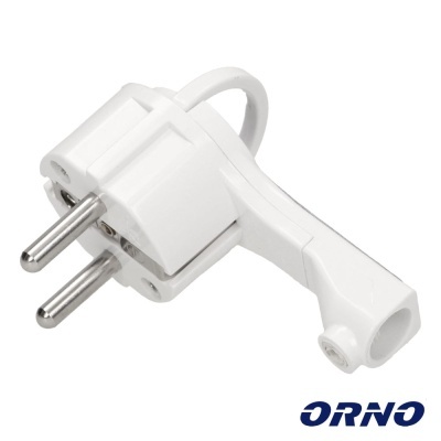 Plugue elétrico branco com dois pinos metálicos e suporte, logótipo ORNO