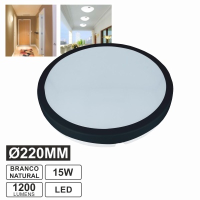 Luminária de teto redonda LED branca com borda preta e especificações técnicas