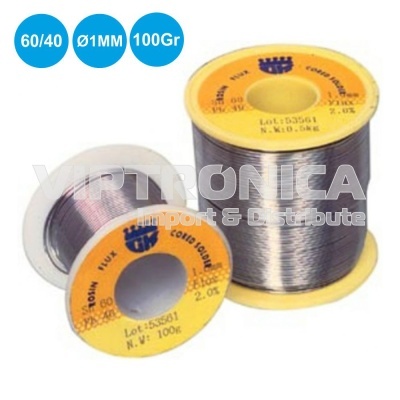 Dois carretéis de fio de metal com rótulos amarelos e texto azul e preto