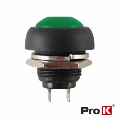 Interruptor de botão verde com base preta e conector metálico