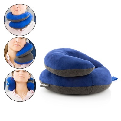almofada de viagem azul e cinza para apoio ao pescoço