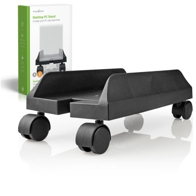 Suporte para PC de secretária preto com rodas e embalagem