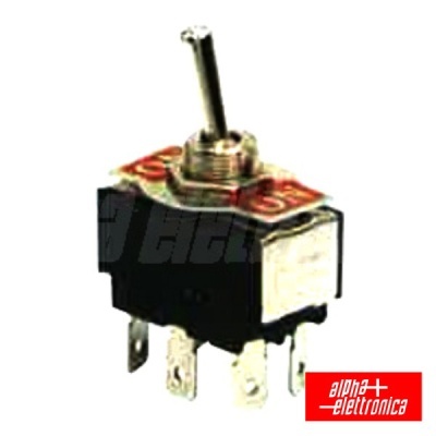 Interruptor de alavanca metálico com corpo plástico preto e três terminais