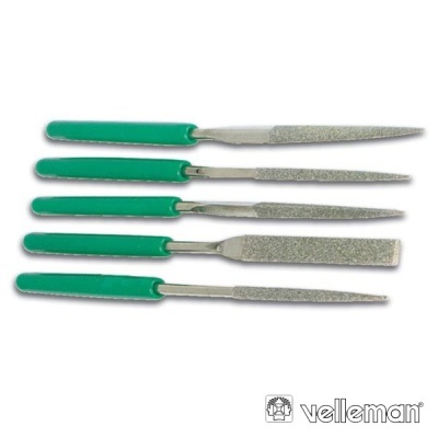 Conjunto de cinco limas de metal com cabo verde e o logótipo velleman