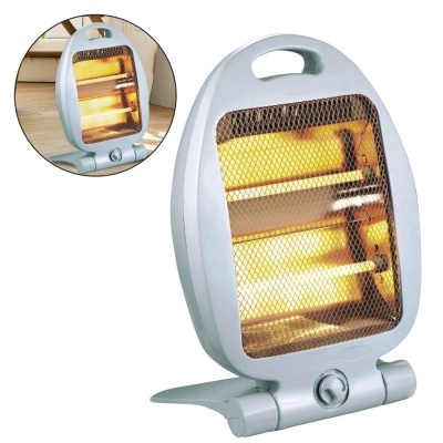 Aparelho de aquecimento portátil cinza claro com grelha protetora e duas lâmpadas de aquecimento