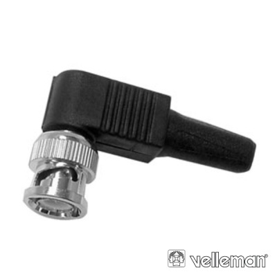 Conector coaxial BNC angular com corpo metálico e plástico preto