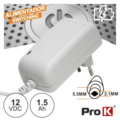 Alimentador switching branco com ficha e texto técnico