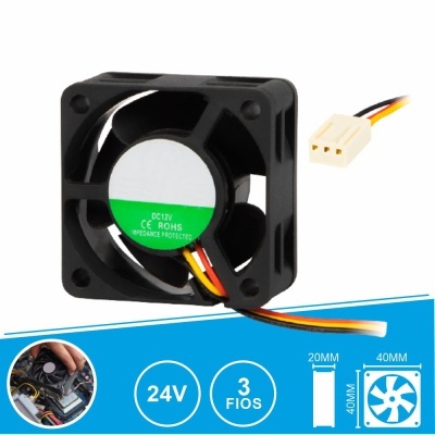 Ventoinha de refrigeração quadrada preta com etiqueta verde e cabos coloridos