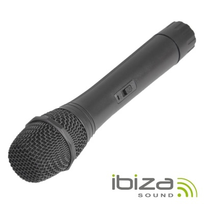 Microfone de mão preto com botão clique e logotipo ibiza SOUND