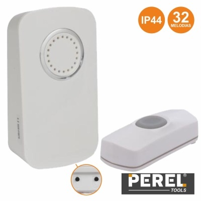 Campainha eletrónica branca com botão e alto-falante, texto IP44 e 32 Melodias, logo Perel Tools.