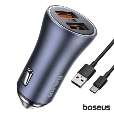 Carregador automóvel Baseus cinza escuro com duas portas USB e cabo USB-C preto