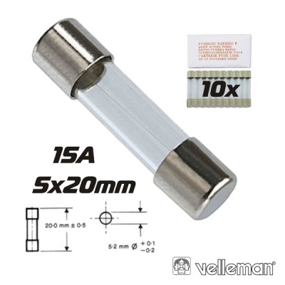 Fusível cilíndrico 15A 5x20mm com embalagem de 10 unidades