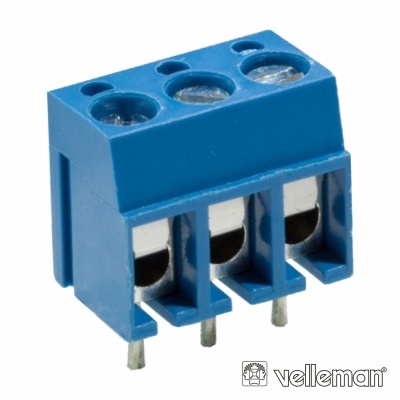 Bloco terminal eletrónico azul de três polos com conectores metálicos