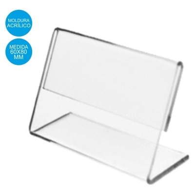 Suporte de acrílico transparente em formato L com etiquetas azuis