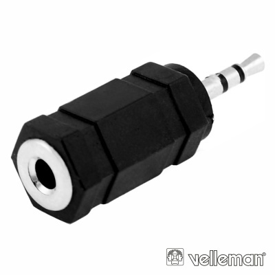 Adaptador de tomada áudio preto com metal prateado e logótipo 'velleman'