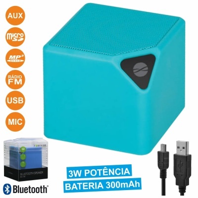 Coluna bluetooth azul em forma de cubo com cabo USB e embalagem