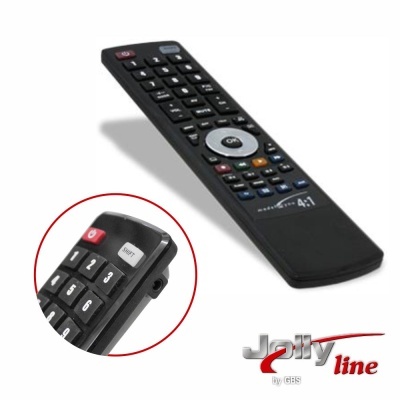 Comando universal preto com botões brancos e coloridos e texto MULTIMEDIA 4:1