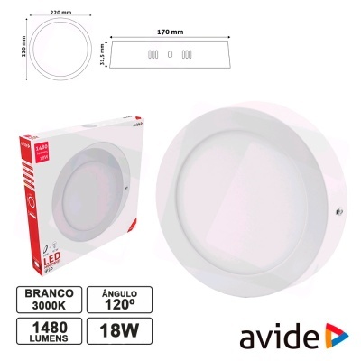 Luz de teto LED redonda branca Avide com especificações técnicas e embalagem