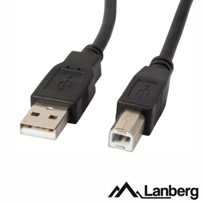 Cabo USB preto com conectores tipo A e B, logótipo Lanberg