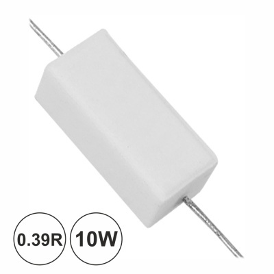 Resistor retangular branco com fios de metal e texto 0.39R 10W