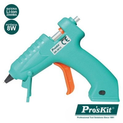 Pistola de cola quente Pro'sKit verde água com gatilho laranja e especificações em texto