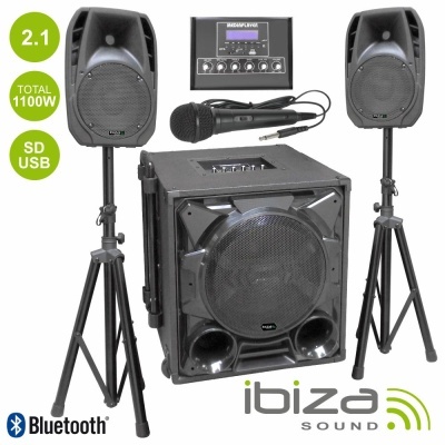 Conjunto de som Ibiza Sound com colunas, subwoofer e microfone