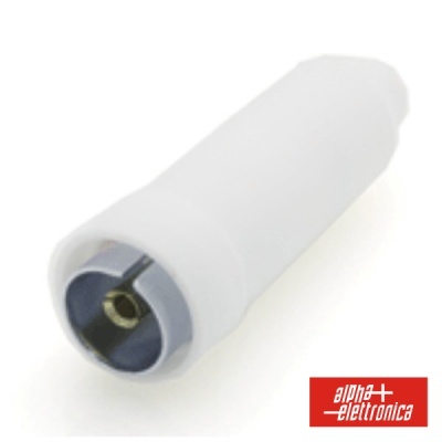 Adaptador coaxial branco com conector metálico e interior amarelo